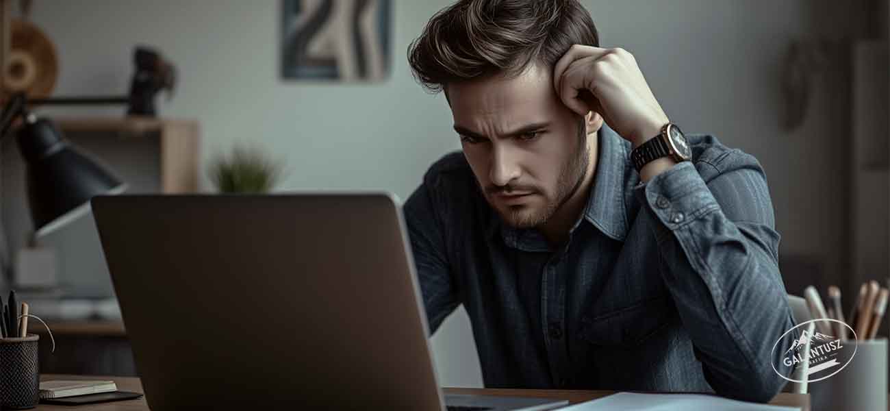 F&oacute;kusz&aacute;lt f&eacute;rfi &uuml;l a laptop előtt, tan&aacute;cstalannak tűnik blog&iacute;r&aacute;s k&ouml;zben, otthoni irodai k&ouml;rnyezetben.