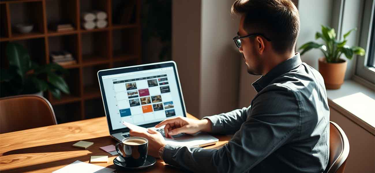 V&aacute;llalkoz&oacute; digit&aacute;lis tartalomtervező fel&uuml;lettel dolgozik laptopon, modern irod&aacute;ban. A jelenet a havi webes strat&eacute;gia &eacute;s a rendszeres friss&iacute;t&eacute;s fontoss&aacute;g&aacute;t &aacute;br&aacute;zolja.