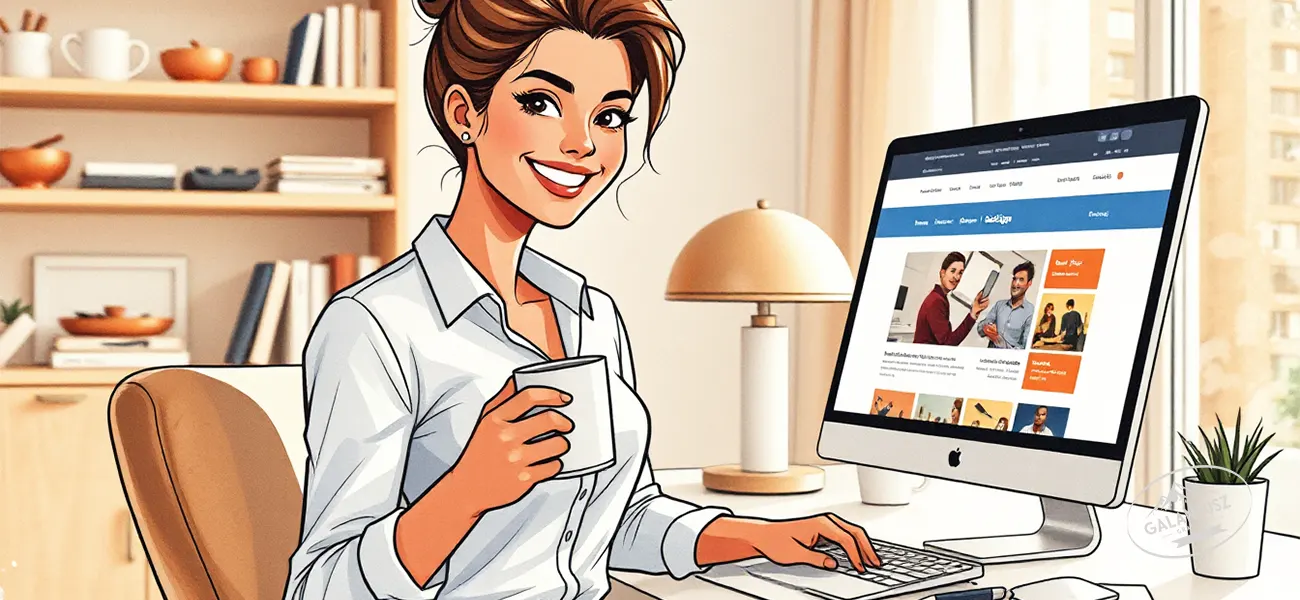 Elégedett ügyfél otthoni irodában – honlapkészítés illusztráció – Galantusz Grafika Elégedett nő ül otthoni irodájában, friss weboldalt néz a monitoron, kezében kávéscsésze – honlapkészítés illusztráció.