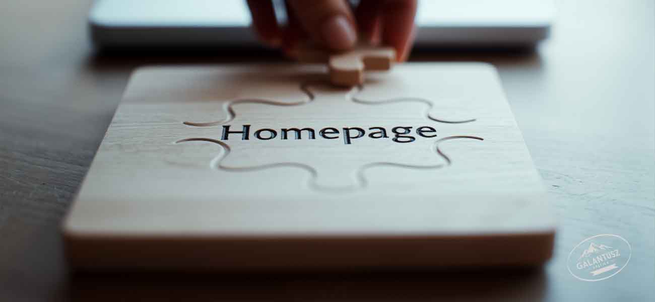 Fa puzzle, k&ouml;zep&eacute;n &bdquo;Homepage&rdquo; felirattal &ndash; k&eacute;z &eacute;pp behelyez egy darabot &ndash; a folyamatosan &eacute;p&uuml;lő weboldal szimb&oacute;luma