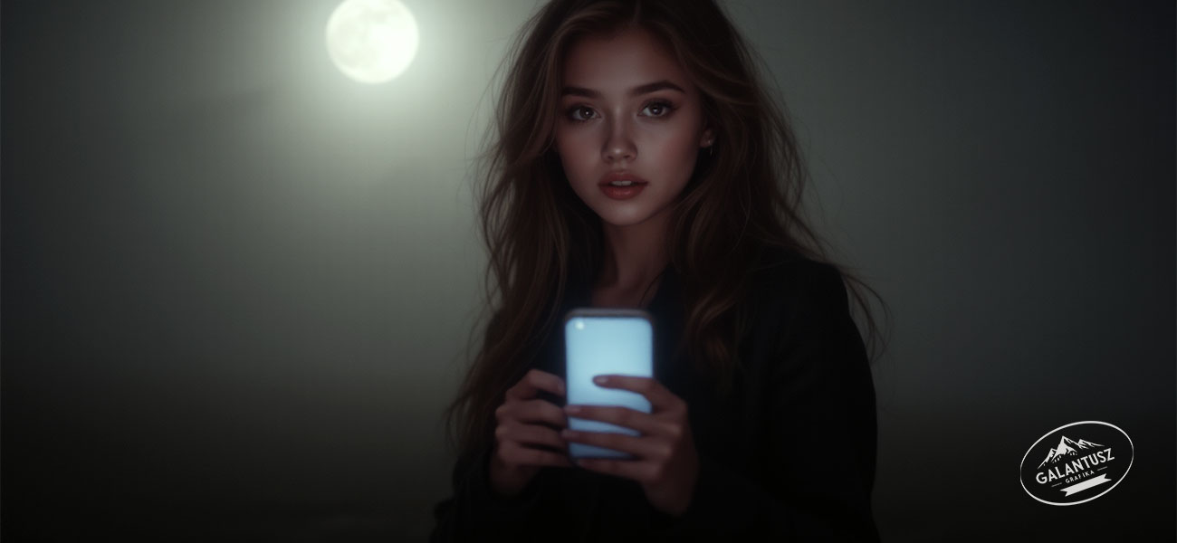 Nő felismerő arckifejezéssel, világító telefonnal Fiatal nő éjszaka, ködös háttérben, világító telefonnal, felismerő arckifejezéssel, háttérben telihold, online keresés illusztráció.