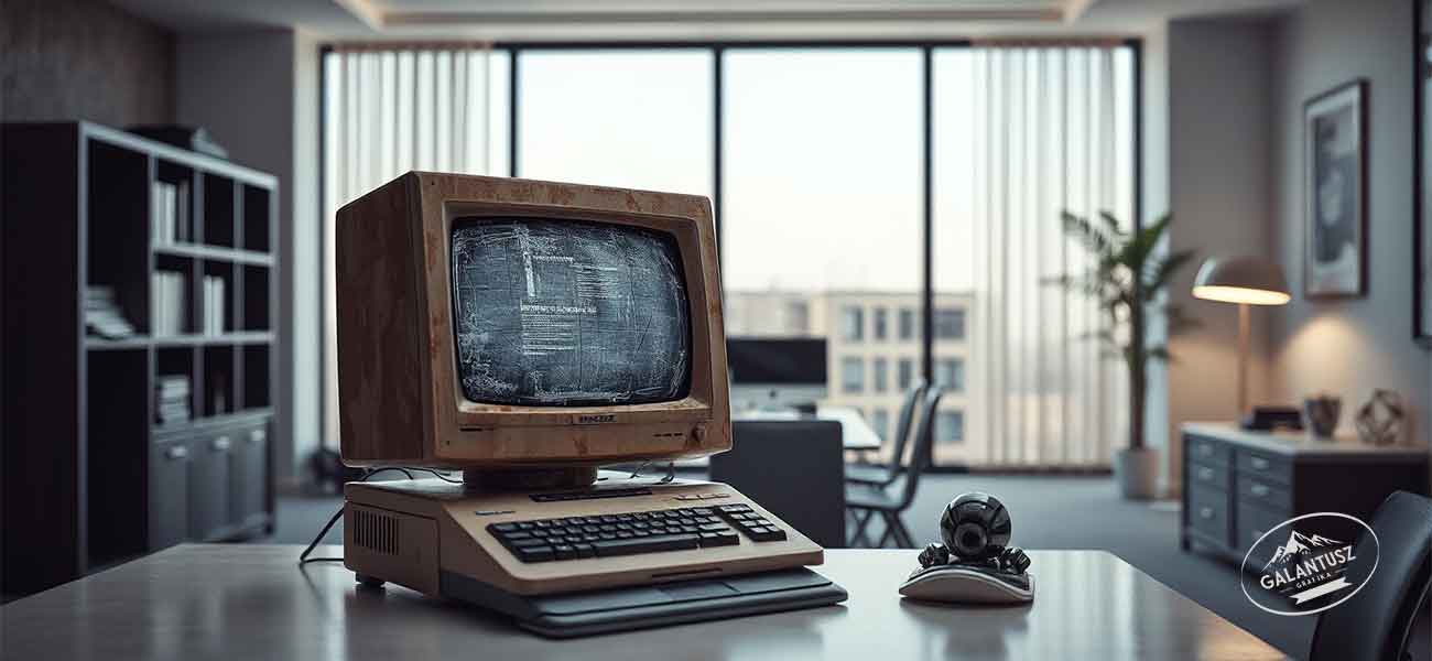 Egy poros, elavult retr&oacute; sz&aacute;m&iacute;t&oacute;g&eacute;p modern, letisztult irodai k&ouml;rnyezetben. A k&eacute;p vizu&aacute;lisan &eacute;rz&eacute;kelteti, hogyan hat egy technikailag elhanyagolt weboldal egy egy&eacute;bk&eacute;nt profi c&eacute;g megjelen&eacute;s&eacute;re.