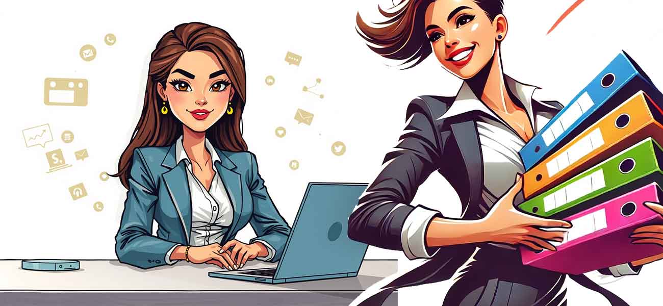 Tartalommarketing és üzleti hatékonyság – Digitális munka és szervezettség – Galantusz Grafika Egy üzletasszony laptopon dolgozik digitális marketing stratégián, míg kolléganője iratrendezőkkel a kezében szervezetten végzi munkáját. Modern, inspiráló üzleti illusztráció.